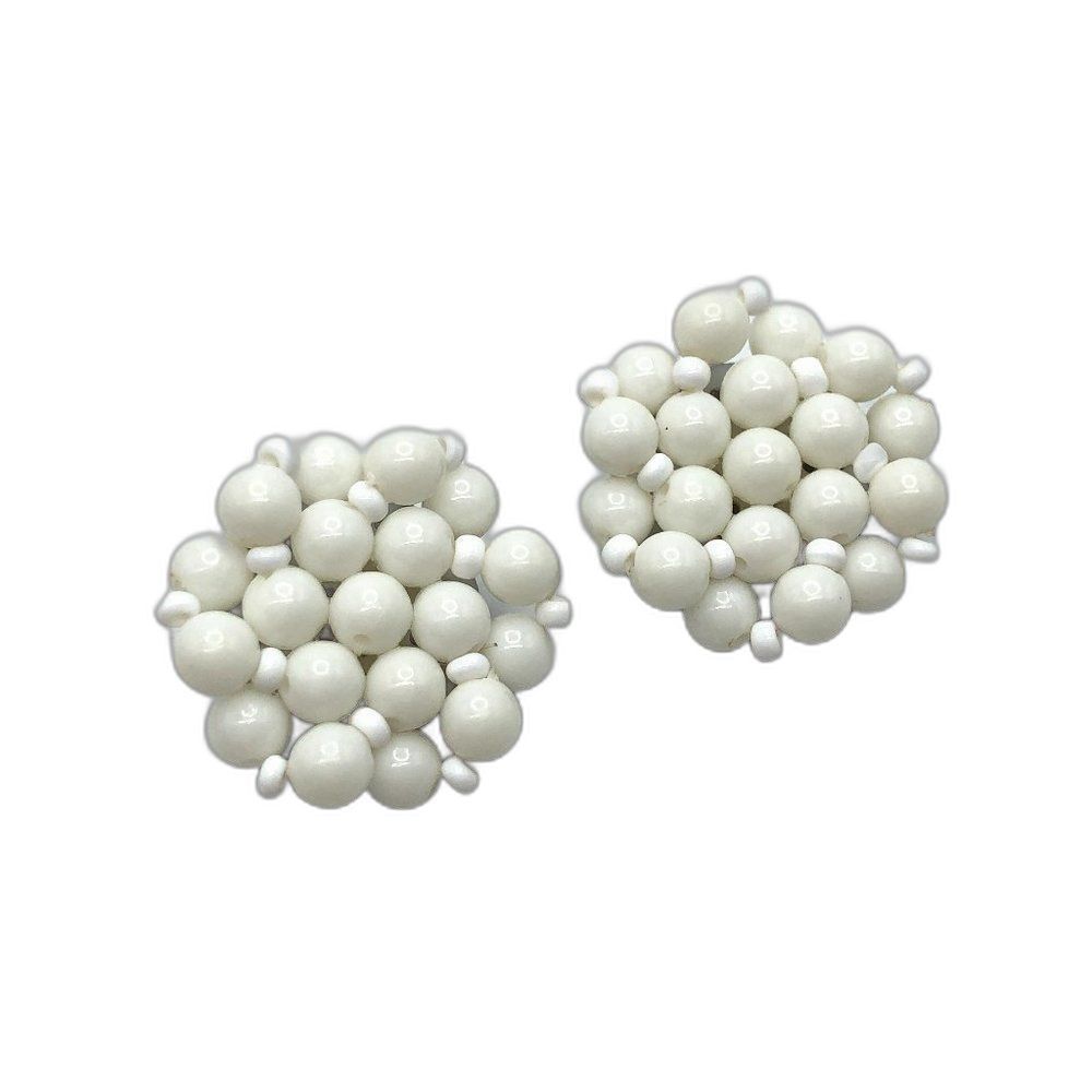 Vintage White Beaded Cluster Costume Statement Earrings 1.25 In Clip On Germany